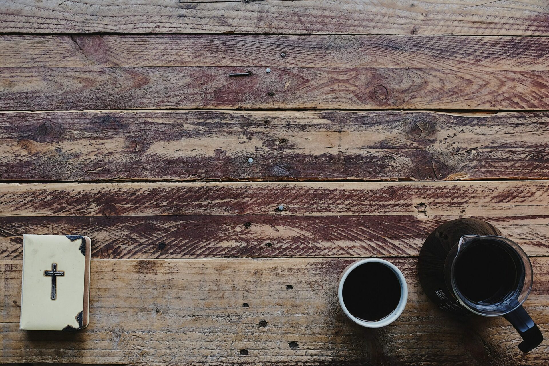 Bible and coffee cups on bench